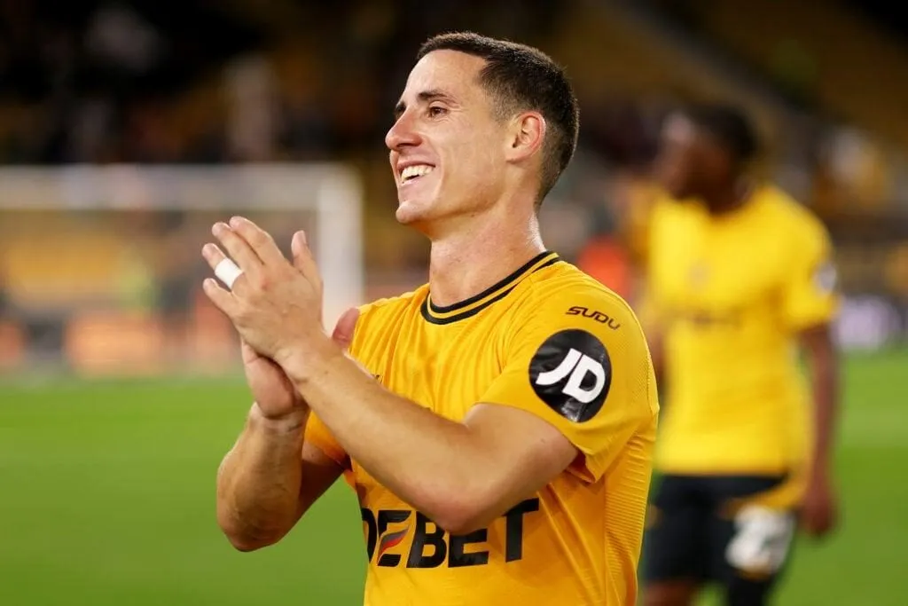 Daniel Podence of Wolverhampton Wanderers shows appreciation to the fans following victory in the Carabao Cup Second Round match between Wolverhamp...